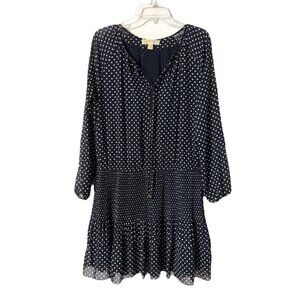 Michael Kors Large Navy White Polka Drop V-neck Long Sleeve Georgette Dress EUC